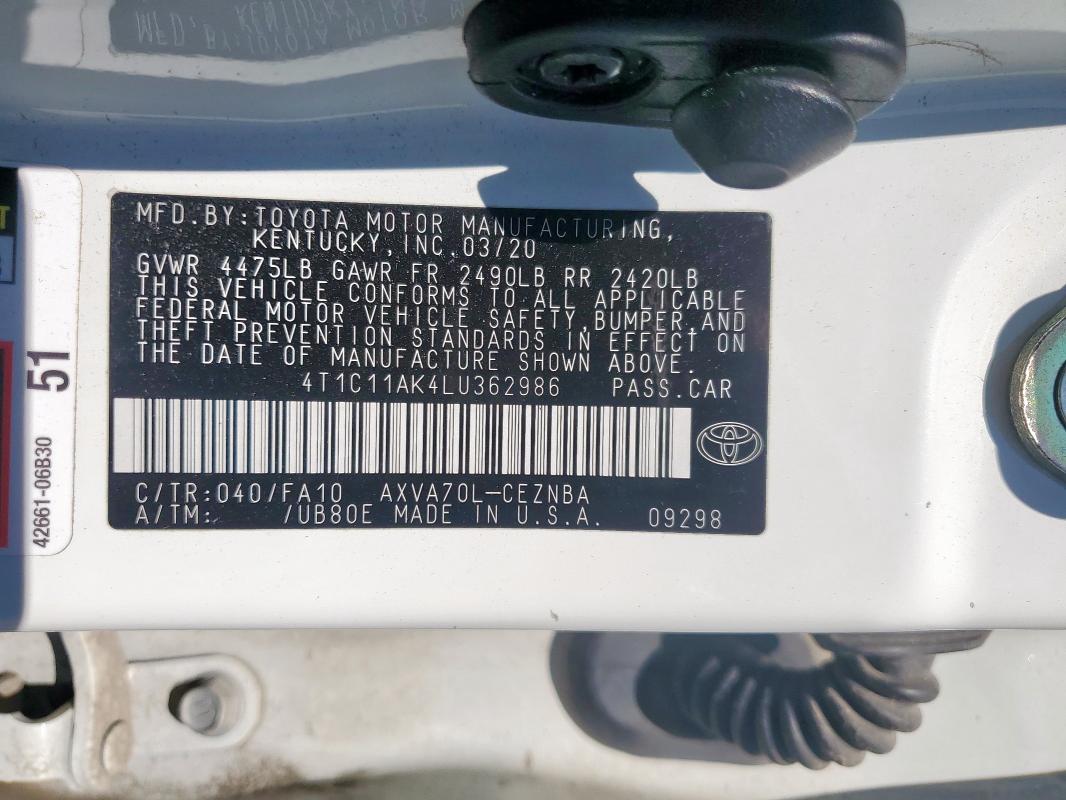 4T1C11AK4LU362986 - 2020 TOYOTA CAMRY LE WHITE photo 12