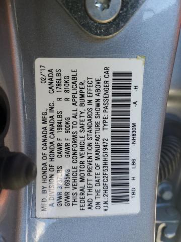 2HGFC2F53HH519472 - 2017 HONDA CIVIC LX SILVER photo 12