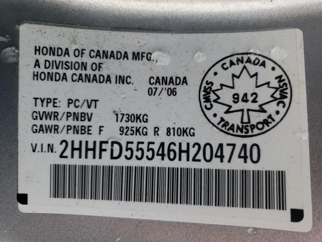 2HHFD55546H204740 - 2006 ACURA CSX TOURING ვერცხლისფერი ფოტო 12