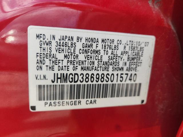 JHMGD38698S015740 - 2008 HONDA FIT SPORT RED photo 12