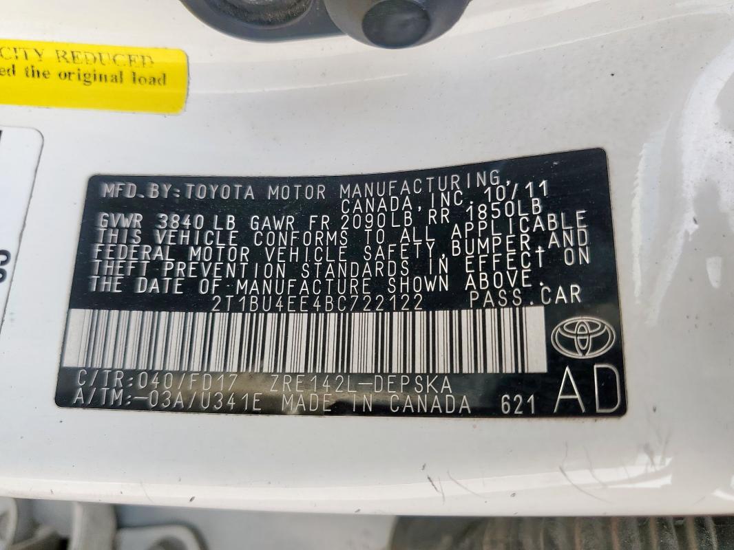 2T1BU4EE4BC722122 - 2011 TOYOTA COROLLA BASE თეთრი ფოტო 12