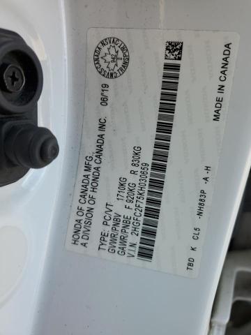 2HGFC2F75KH030659 - 2019 HONDA CIVIC EX WHITE photo 12