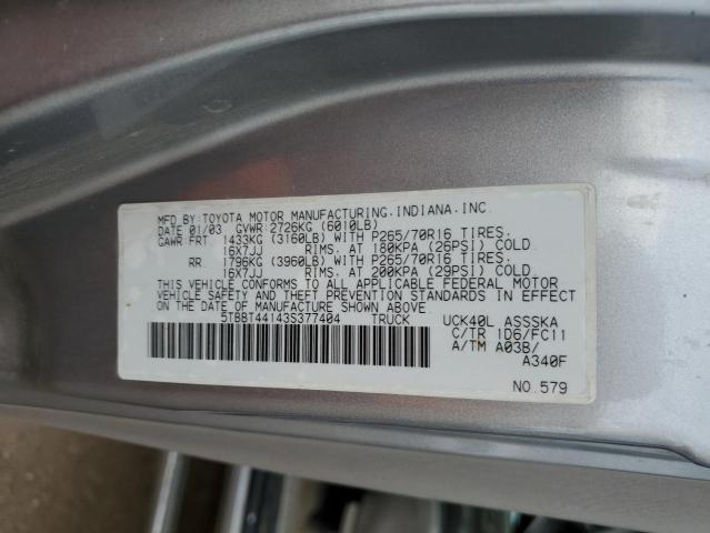 5TBBT44143S377404 - 2003 TOYOTA TUNDRA ACCESS CAB SR5 SILVER photo 12