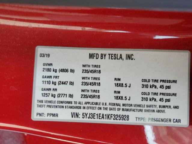 5YJ3E1EA1KF325928 - 2019 TESLA MODEL 3 RED photo 12