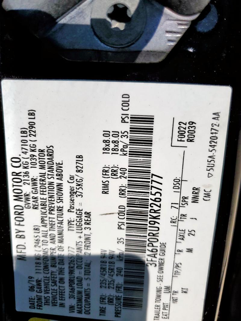 3FA6P0RU9KR265777 - 2019 FORD FUSION TITANIUM أسود صورة 12