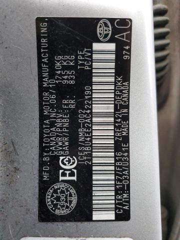 2T1BU4EE2AC422190 - 2010 TOYOTA COROLLA BASE SILVER photo 13