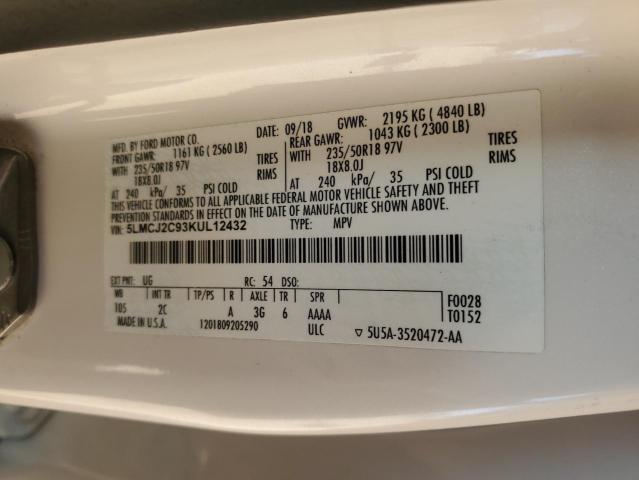 5LMCJ2C93KUL12432 - 2019 LINCOLN MKC SELECT თეთრი ფოტო 13