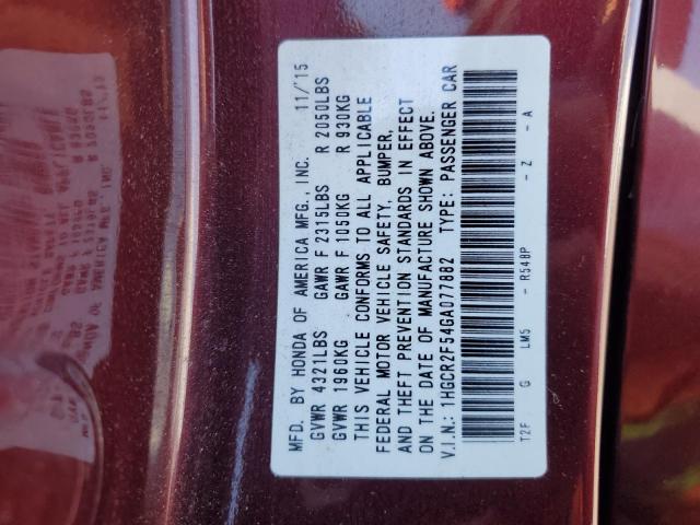 1HGCR2F54GA077882 - 2016 HONDA ACCORD SPORT 勃艮第红 照片 12
