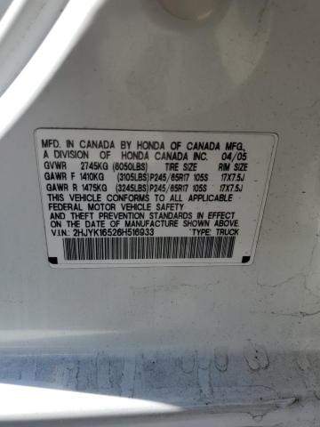 2HJYK16526H516933 - 2006 HONDA RIDGELINE RTL WHITE photo 12