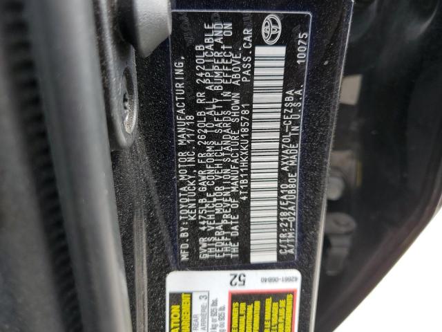 4T1B11HKXKU185781 - 2019 TOYOTA CAMRY L 黑色 照片 12