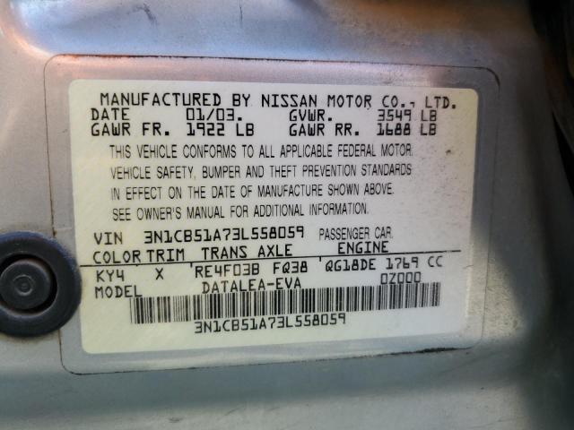 3N1CB51A73L558059 - 2003 NISSAN SENTRA GXE SILVER photo 13