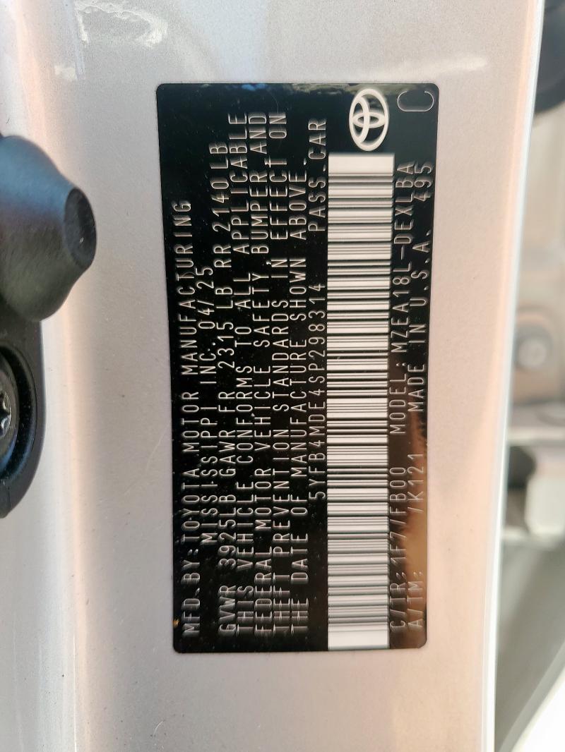 5YFB4MDE4SP298314 - 2025 TOYOTA COROLLA LE ვერცხლისფერი ფოტო 12