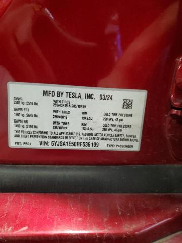 5YJSA1E50RF536199 - 2024 TESLA MODEL S RED photo 12