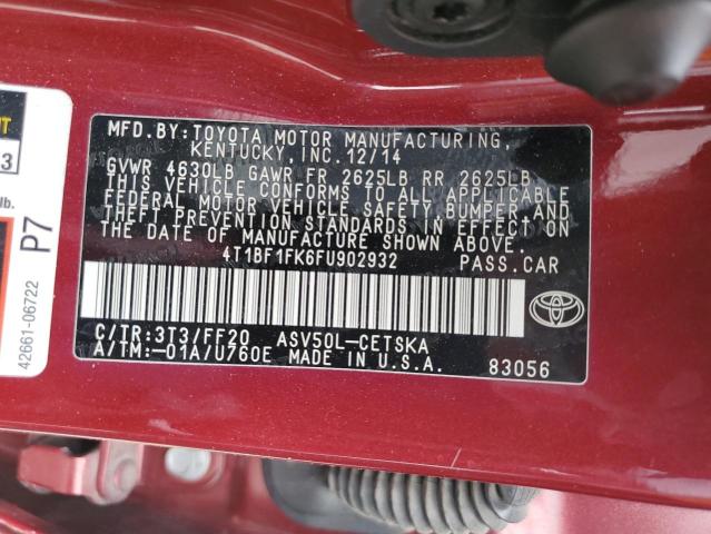 4T1BF1FK6FU902932 - 2015 TOYOTA CAMRY LE BURGUNDY photo 12