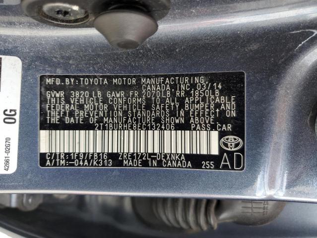 2T1BURHE8EC132406 - 2014 TOYOTA COROLLA L Մոխրագույն լուսանկար 12