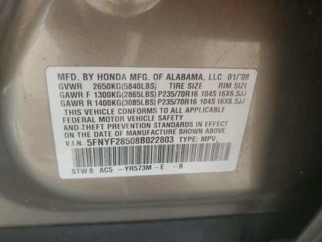 5FNYF28508B022803 - 2008 HONDA PILOT EXL TAN photo 13