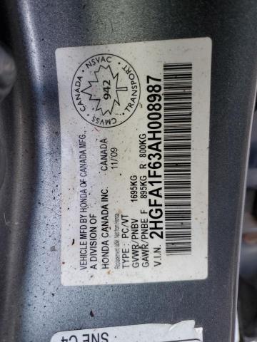 2HGFA1F63AH008987 - 2010 HONDA CIVIC LX-S GRAY photo 12