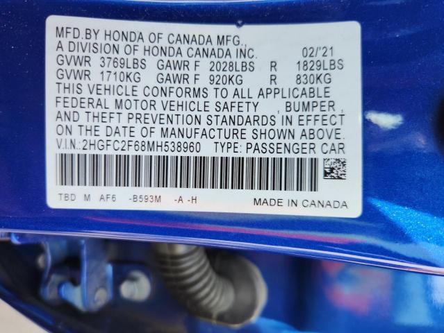 2HGFC2F68MH538960 - 2021 HONDA CIVIC LX BLUE photo 13