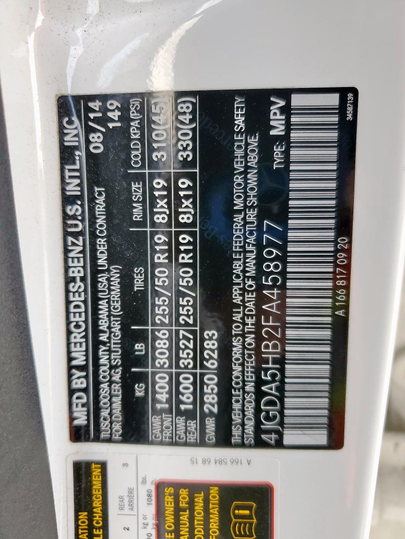 4JGDA5HB2FA458977 - 2015 MERCEDES-BENZ ML 350 4MATIC WHITE photo 13