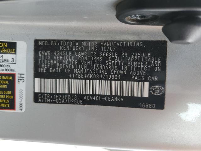 4T1BE46K08U219891 - 2008 TOYOTA CAMRY CE 银色 照片 12