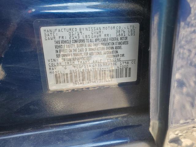 3N1AB7AP4KY303667 - 2019 NISSAN SENTRA S BLUE photo 12