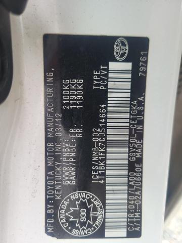 4T1BK1FK7CU514664 - 2012 TOYOTA CAMRY SE Blanc photo 12