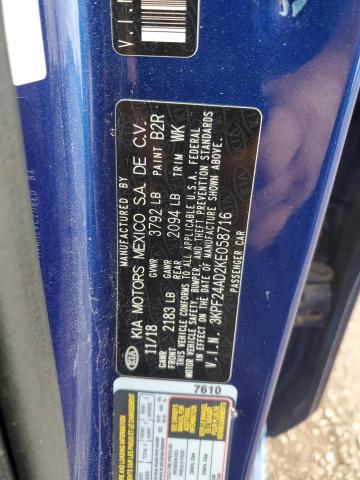 3KPF24AD2KE058716 - 2019 KIA FORTE FE ლურჯი ფოტო 12