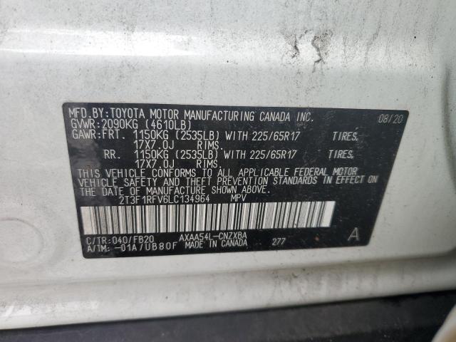 2T3F1RFV6LC134964 - 2020 TOYOTA RAV4 LE WHITE photo 12