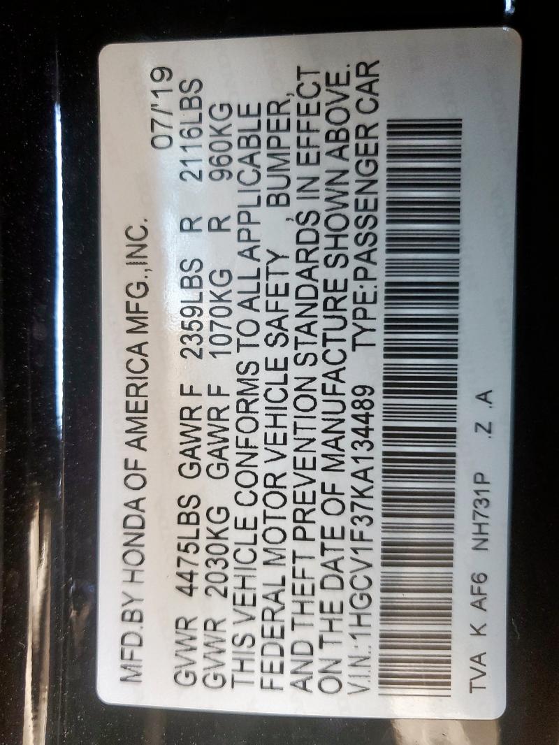 1HGCV1F37KA134489 - 2019 HONDA ACCORD SPORT 黑色 照片 12