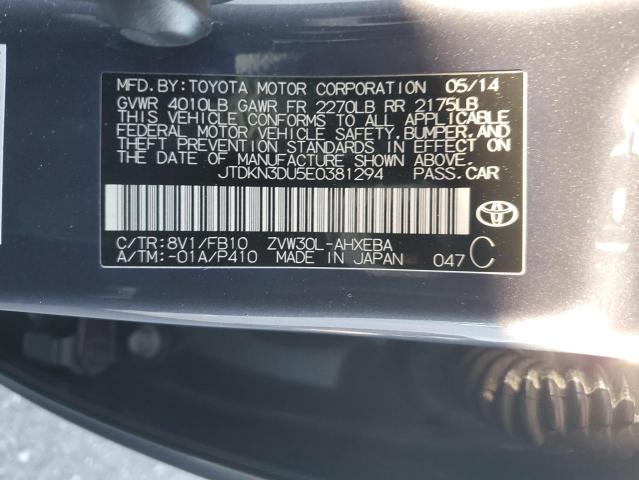JTDKN3DU5E0381294 - 2014 TOYOTA PRIUS 灰色 照片 12