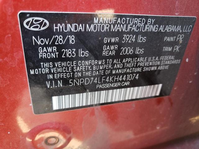 5NPD74LF4KH441074 - 2019 HYUNDAI ELANTRA SE RED photo 12