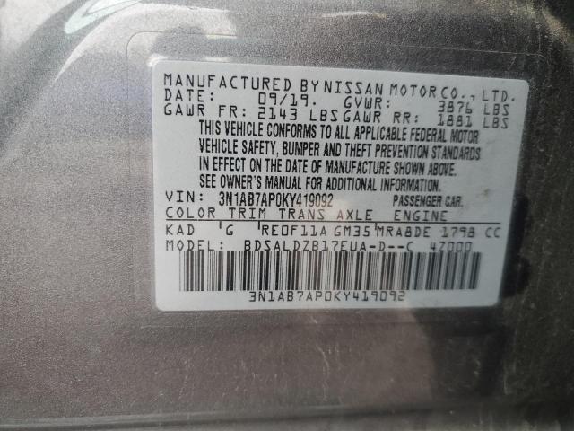 3N1AB7AP0KY419092 - 2019 NISSAN SENTRA S Grau Foto 12