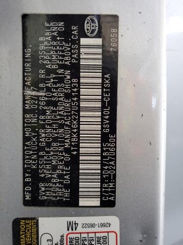 4T1BK46K27U541438 - 2007 TOYOTA CAMRY LE SILVER photo 12