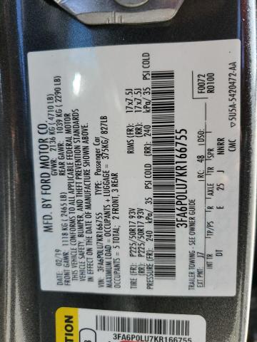 3FA6P0LU7KR166755 - 2019 FORD FUSION SE CHARCOAL photo 12