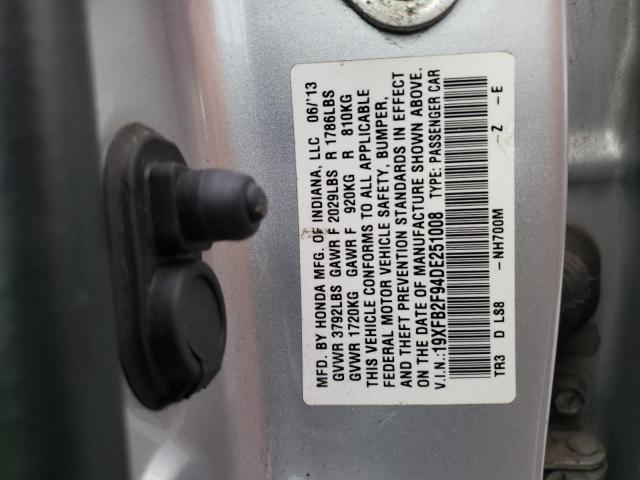 19XFB2F94DE251008 - 2013 HONDA CIVIC EXL ვერცხლისფერი ფოტო 12