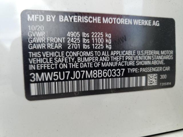 3MW5U7J07M8B60337 - 2021 BMW M340I WHITE photo 12