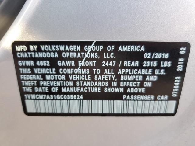 1VWCM7A31GC035624 - 2016 VOLKSWAGEN PASSAT SEL PREMIUM SILVER photo 12