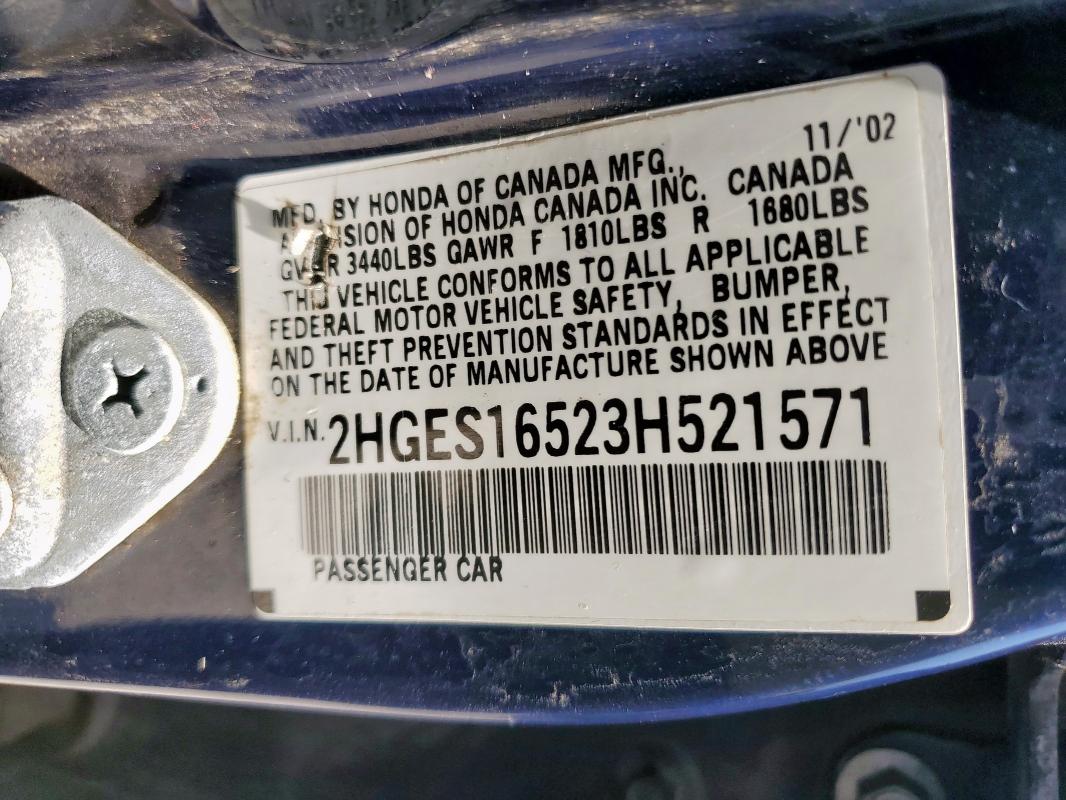 2HGES16523H521571 - 2003 HONDA CIVIC LX BLUE photo 12