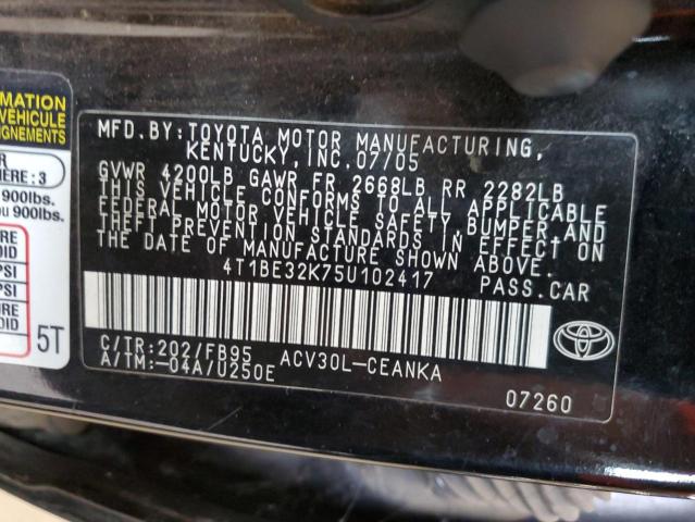 4T1BE32K75U102417 - 2005 TOYOTA CAMRY LE შავი ფოტო 12