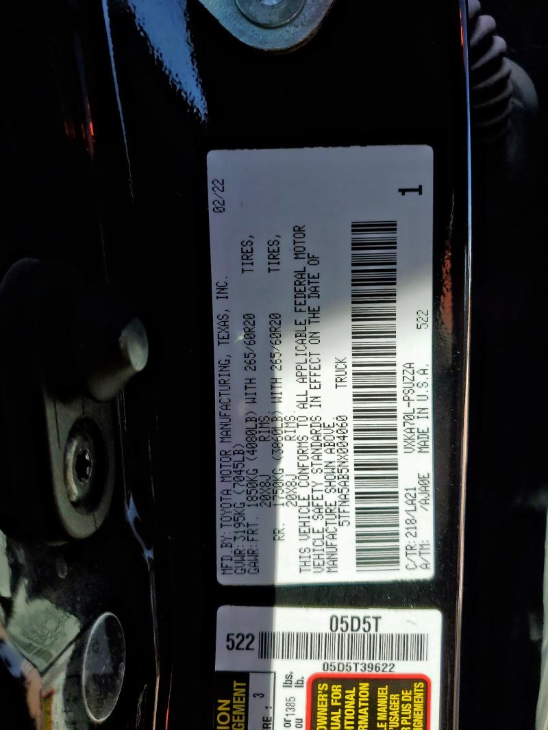 5TFNA5AB5NX004060 - 2022 TOYOTA TUNDRA CREWMAX PLATINUM Negro foto 12