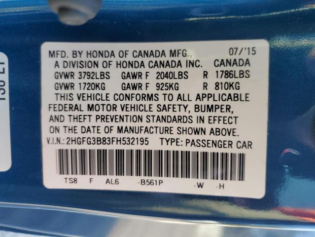 2HGFG3B83FH532195 - 2015 HONDA CIVIC EX BLUE photo 13