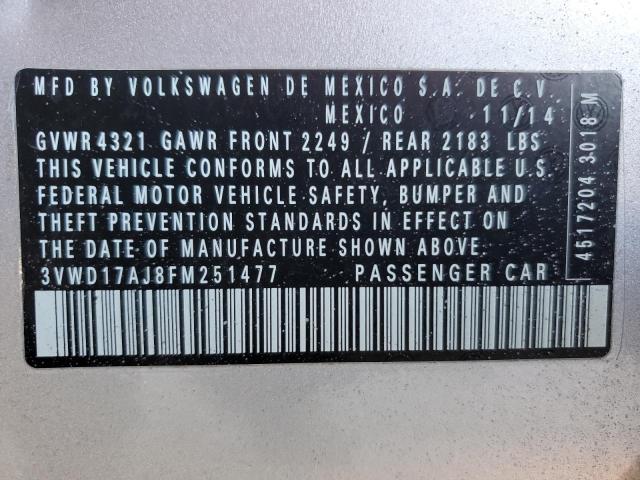 3VWD17AJ8FM251477 - 2015 VOLKSWAGEN JETTA SE GRAY photo 12