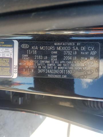 3KPF24AD2KE061180 - 2019 KIA FORTE FE შავი ფოტო 12