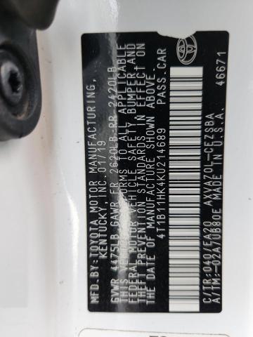 4T1B11HK4KU214689 - 2019 TOYOTA CAMRY L WHITE photo 12