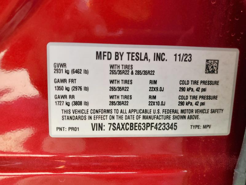 7SAXCBE63PF423345 - 2023 TESLA MODEL X 勃艮第红 照片 14