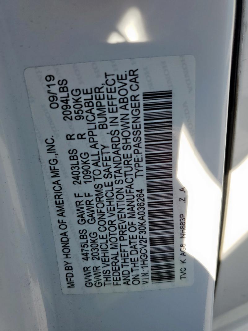 1HGCV2F30KA036264 - 2019 HONDA ACCORD SPORT WHITE photo 13