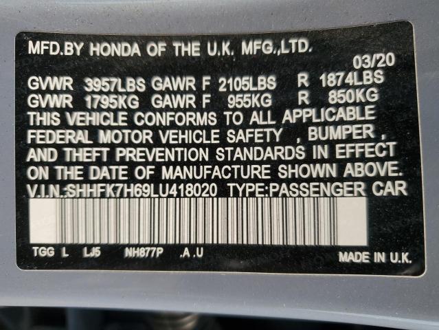 SHHFK7H69LU418020 - 2020 HONDA CIVIC EX GRAY photo 13