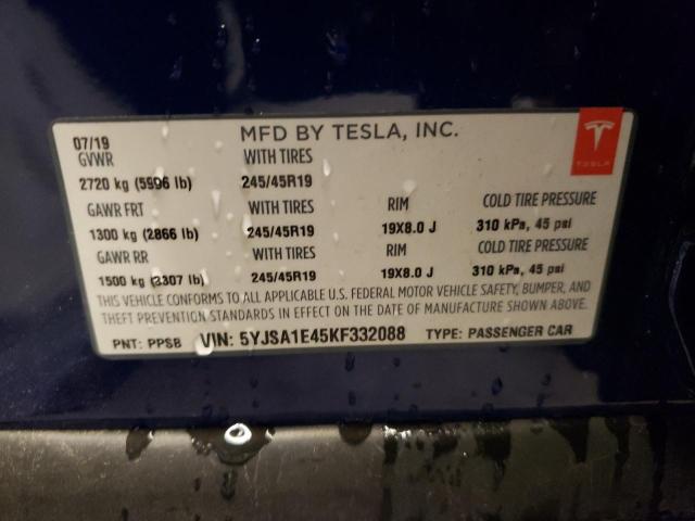5YJSA1E45KF332088 - 2019 TESLA MODEL S Կապույտ լուսանկար 12
