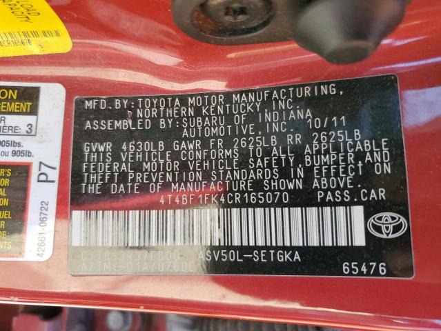 4T4BF1FK4CR165070 - 2012 TOYOTA CAMRY BASE RED photo 13