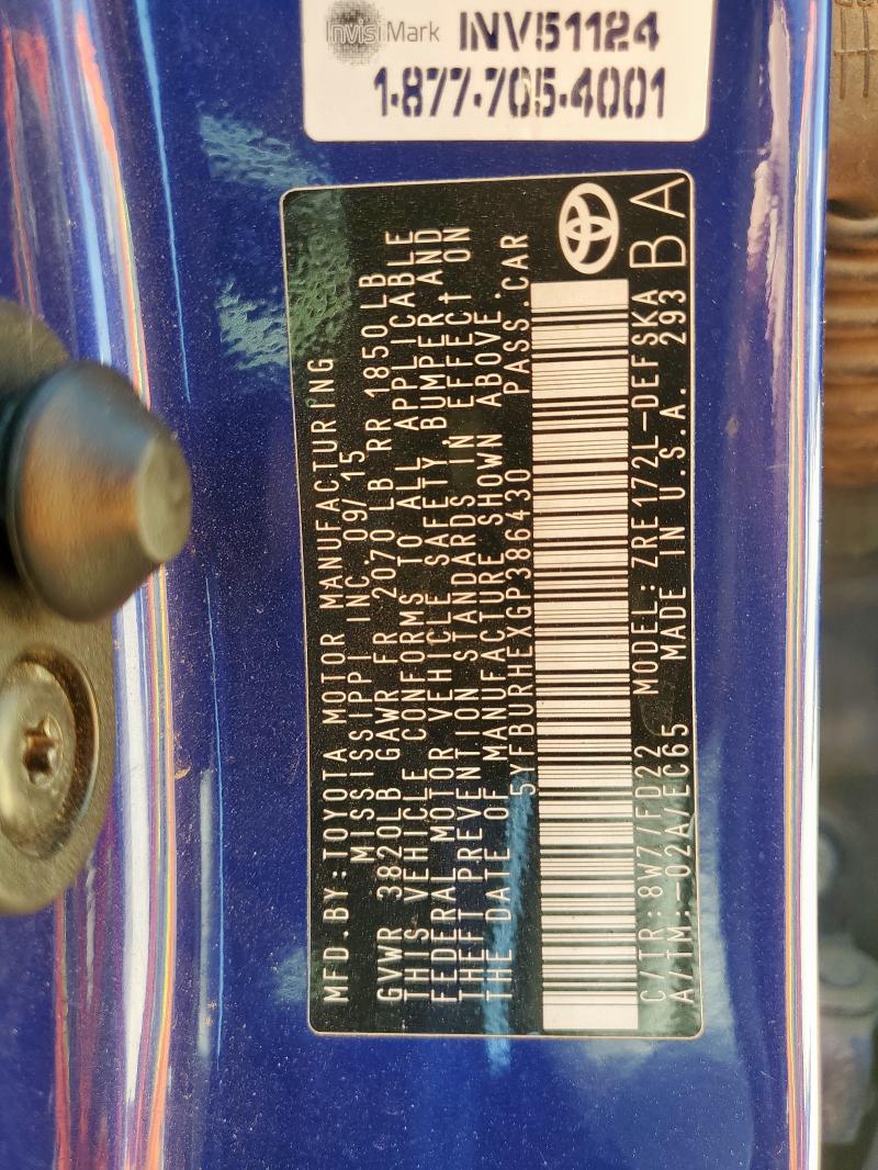 5YFBURHEXGP386430 - 2016 TOYOTA COROLLA L BLUE photo 12